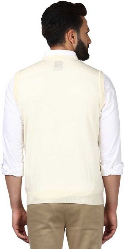 Solid V-neck Casual Men White Sweater